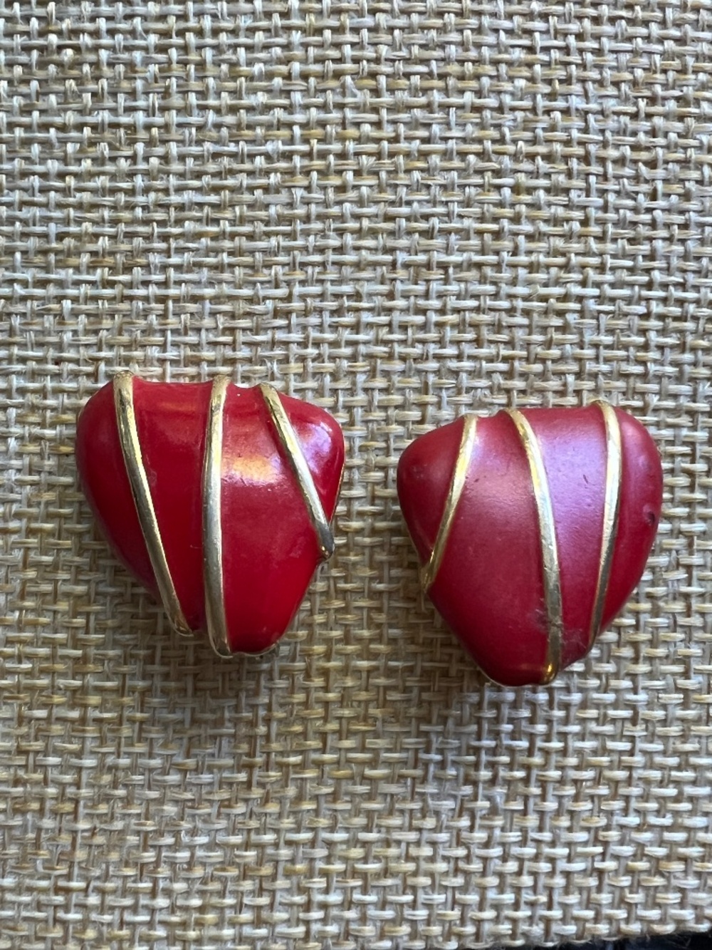 Vintage 80s Monet Red Enamel & Gold Tone Abstract Clip-On Earrings
